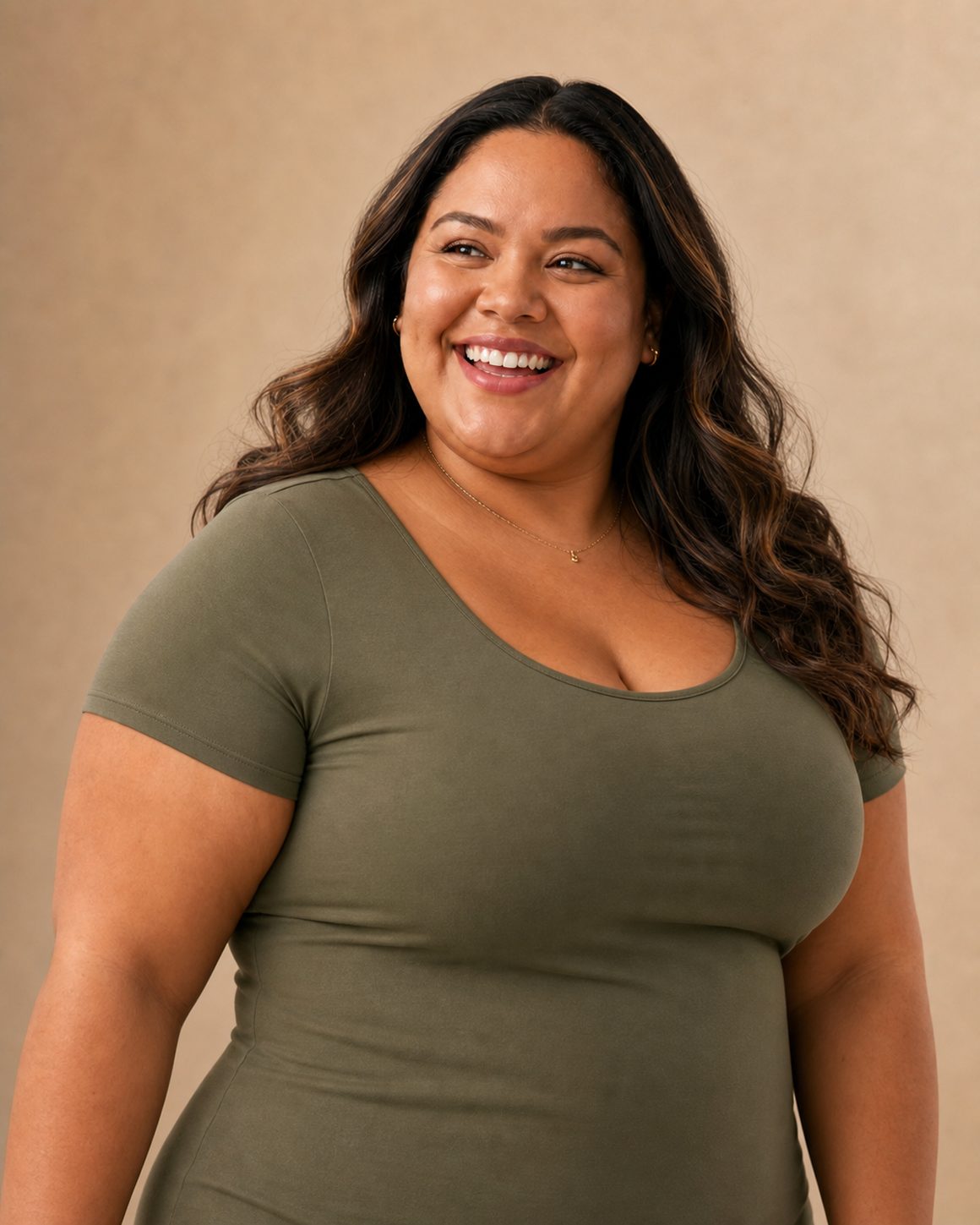 Smiling woman in an olive top