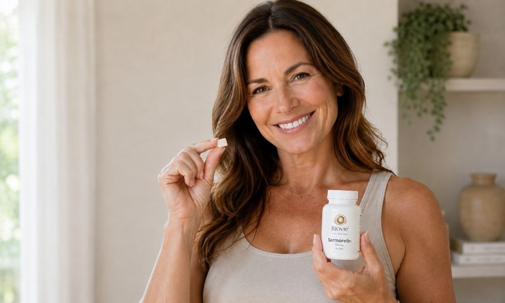 Woman holding a bottle of Riovie sermorelin troches