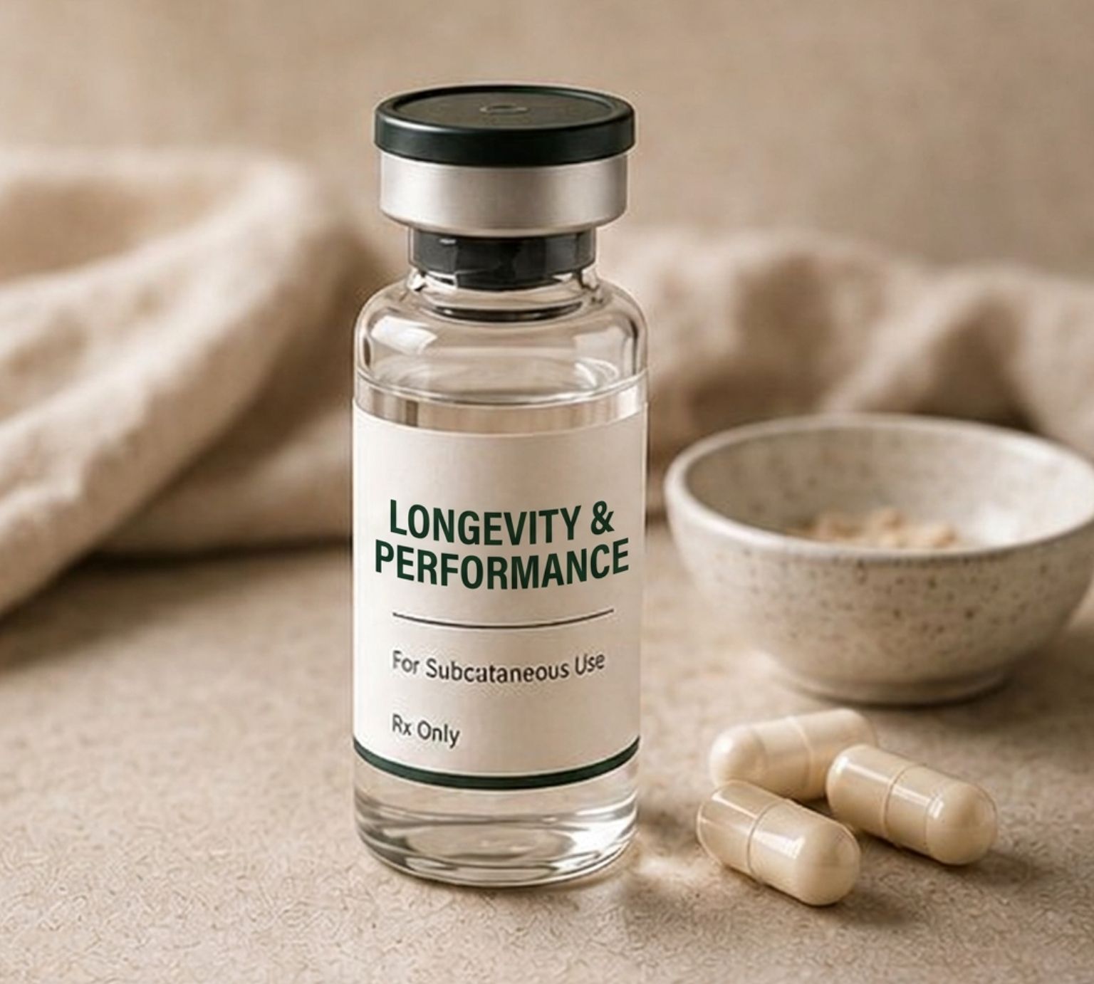 Vial on a warm linen surface for longevity and performance care
